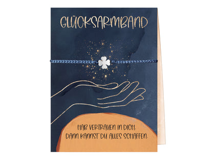Kleeblatt Armband vierblättrig mit Grußkarte als Glücksbringer und Mutmacher