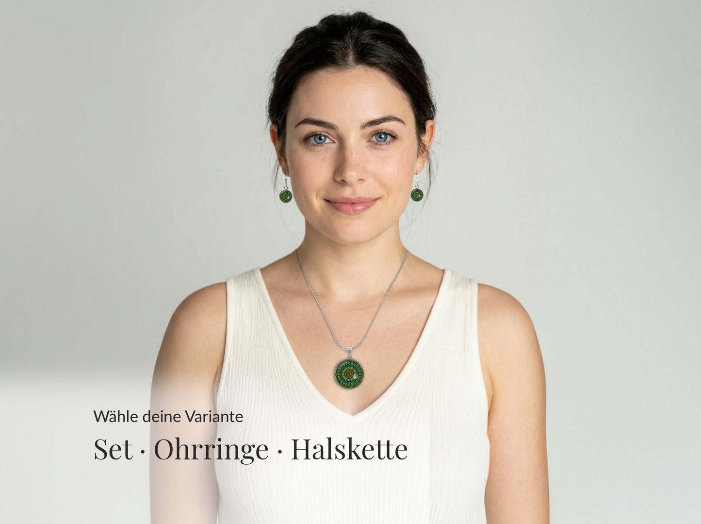 Mandala Schmuckset Smaragdgrün – Edelstahl Halskette & Ohrringe – Grüner Boho Schmuck – Geschenk für Frauen jeden Alters