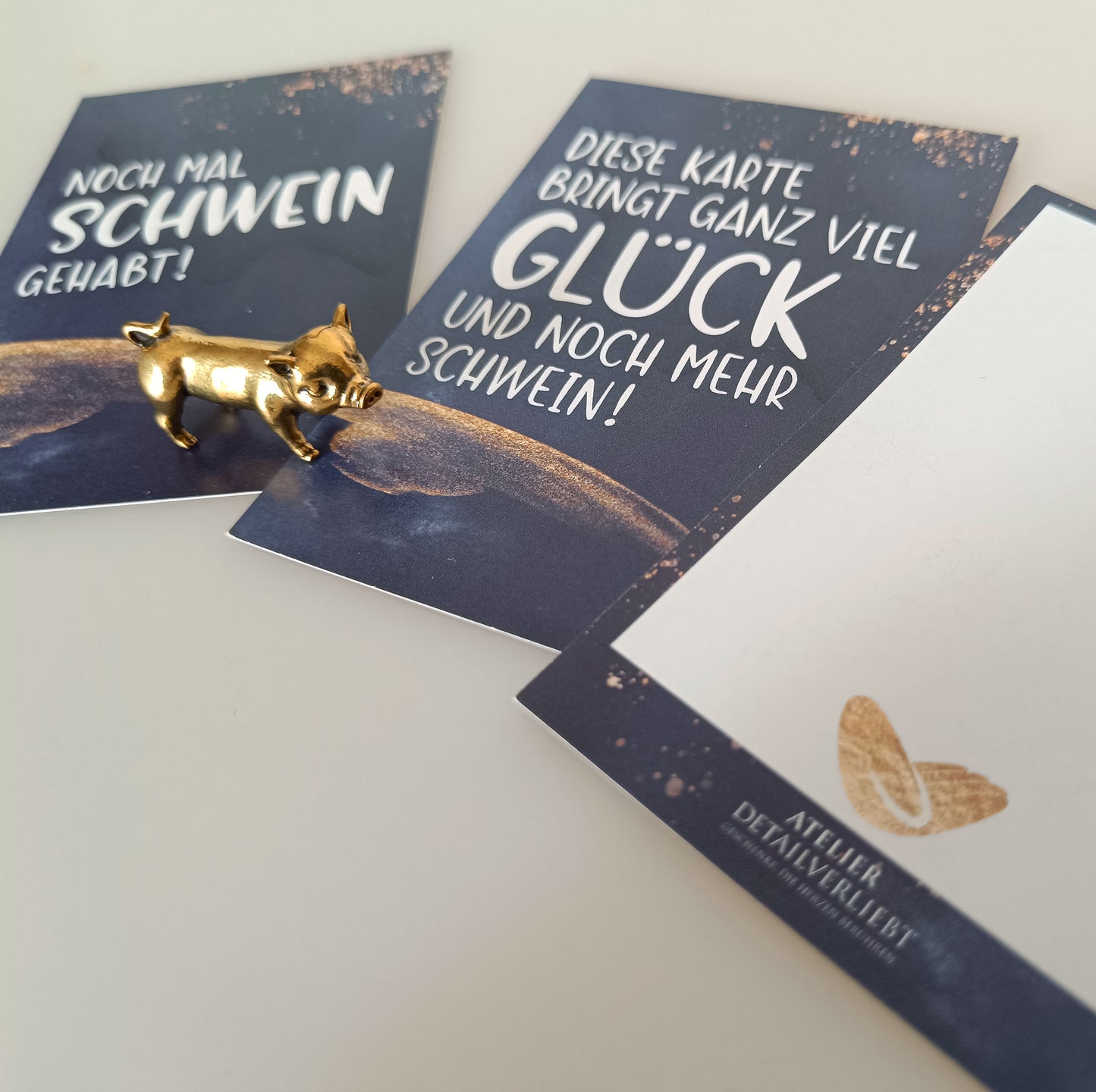 Der Glücksbringer „Schwein gehabt!" – Miniatur Schwein und Grußkarte
