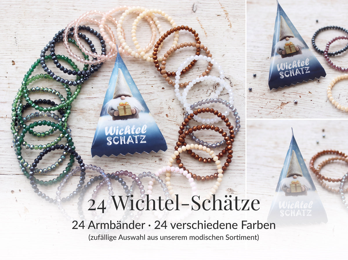 Adventskalender Set 24 Stück – Wichtel Schatz mit Glasperlen Armbändern