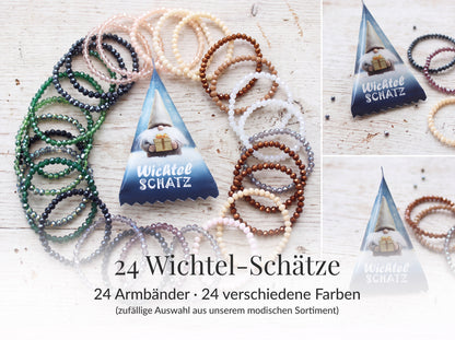 Adventskalender Set 24 Stück – Wichtel Schatz mit Glasperlen Armbändern