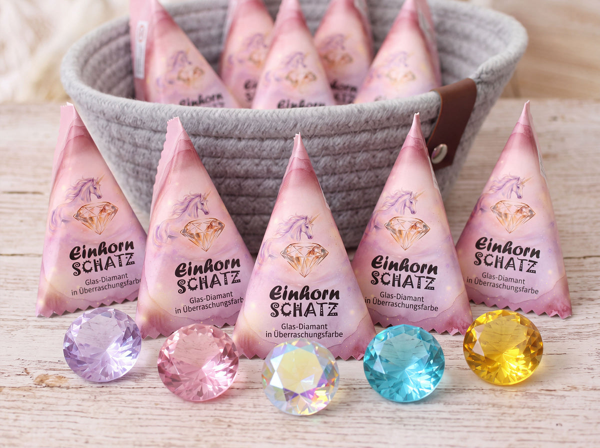 Einhorn-Schatz für Einhornparty | Gastgeschenk Kindergeburtstag | Mitgebsel Mädchen | Schatzsuche | Glasdiamant | Regenbogenparty