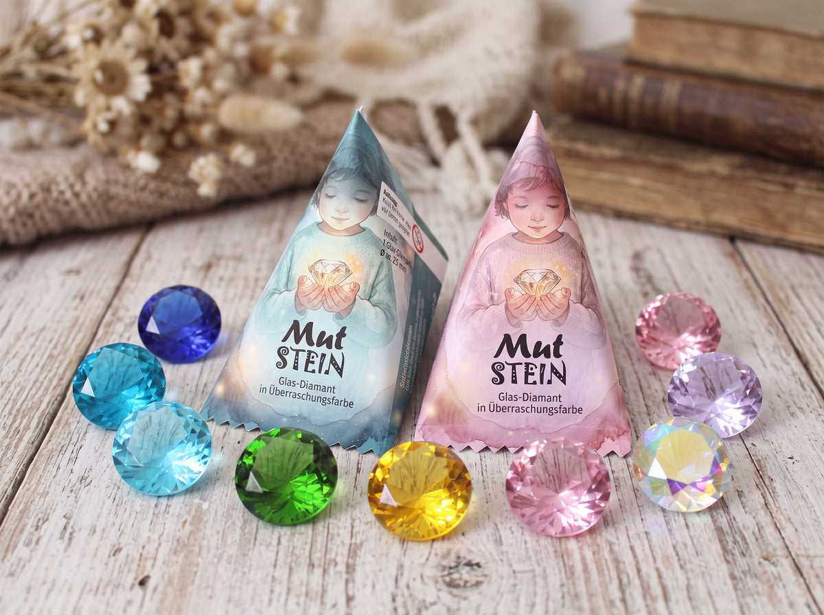 Mut-Stein Gastgeschenk Kindergeburtstag | Glasdiamant in Überraschungsfarbe