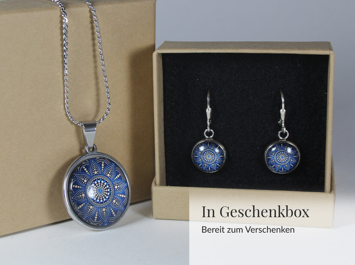 Mandala Schmuckset Blau Edelstahl – Halskette & Ohrringe – Zeitloser Boho Schmuck für Frauen jeden Alters