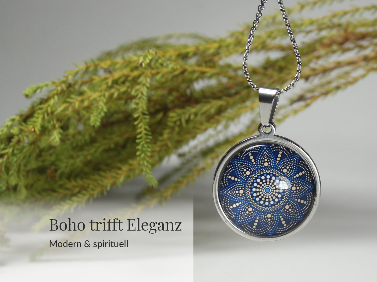 Mandala Schmuckset Blau Edelstahl – Halskette & Ohrringe – Zeitloser Boho Schmuck für Frauen jeden Alters