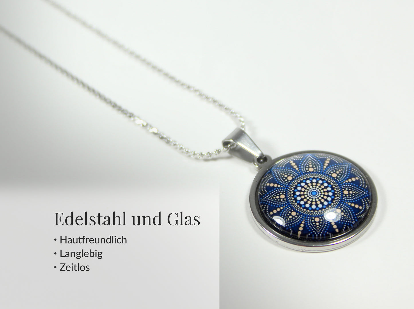 Mandala Schmuckset Blau Edelstahl – Halskette & Ohrringe – Zeitloser Boho Schmuck für Frauen jeden Alters
