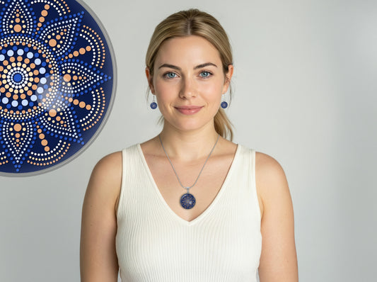 Mandala Schmuckset Blau Edelstahl – Halskette & Ohrringe – Zeitloser Boho Schmuck für Frauen jeden Alters