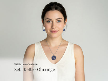 Mandala Schmuckset Blau Edelstahl – Halskette & Ohrringe – Zeitloser Boho Schmuck für Frauen jeden Alters
