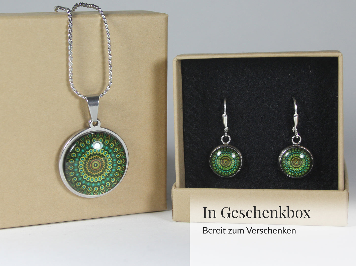 Mandala Schmuckset Smaragdgrün – Edelstahl Halskette & Ohrringe – Grüner Boho Schmuck – Geschenk für Frauen jeden Alters