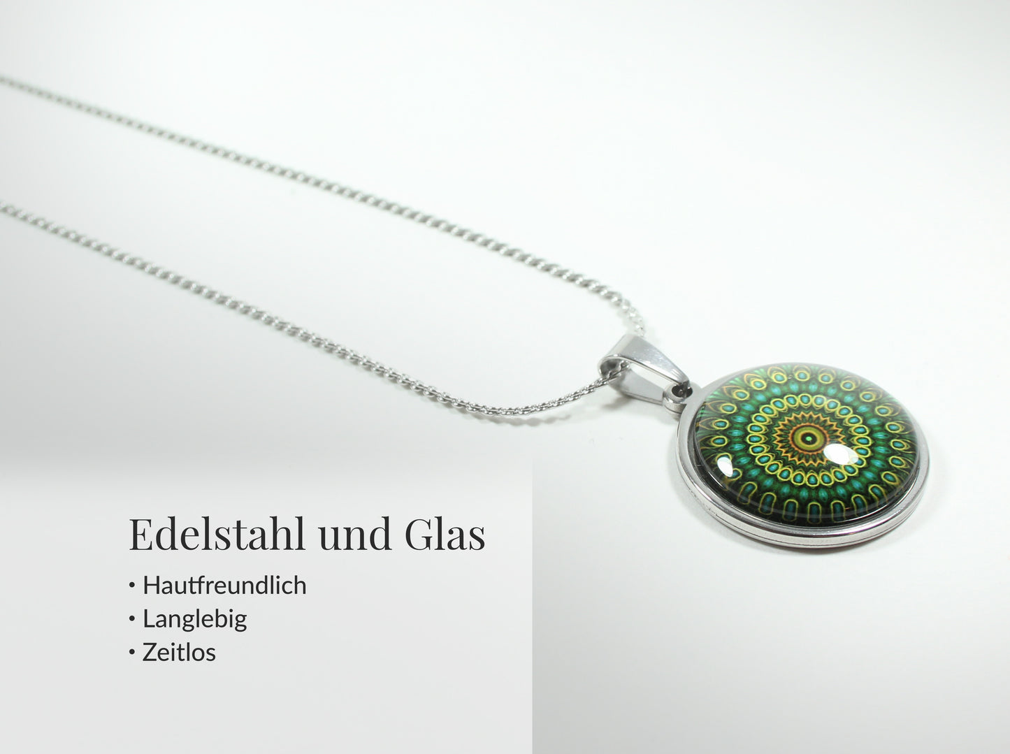 Mandala Schmuckset Smaragdgrün – Edelstahl Halskette & Ohrringe – Grüner Boho Schmuck – Geschenk für Frauen jeden Alters