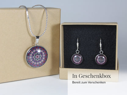 Mandala Schmuckset Violett Pink – Edelstahl Halskette & Ohrringe – Boho Mandala Anhänger rund – Geschenk für Frauen jeden Alters