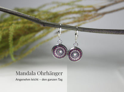 Mandala Schmuckset Violett Pink – Edelstahl Halskette & Ohrringe – Boho Mandala Anhänger rund – Geschenk für Frauen jeden Alters