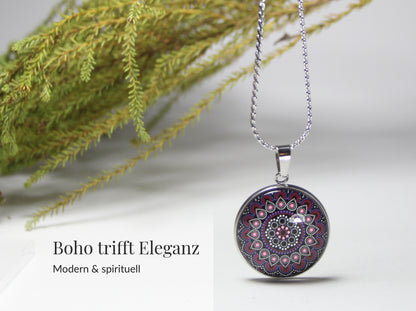 Mandala Schmuckset Violett Pink – Edelstahl Halskette & Ohrringe – Boho Mandala Anhänger rund – Geschenk für Frauen jeden Alters