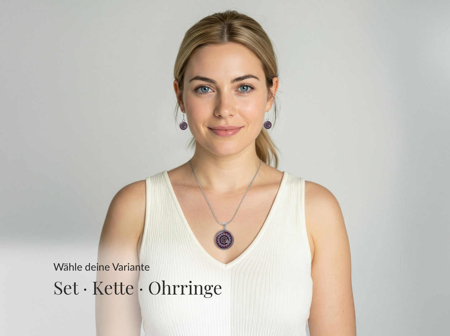 Mandala Schmuckset Violett Pink – Edelstahl Halskette & Ohrringe – Boho Mandala Anhänger rund – Geschenk für Frauen jeden Alters