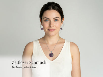 Mandala Schmuckset Violett Pink – Edelstahl Halskette & Ohrringe – Boho Mandala Anhänger rund – Geschenk für Frauen jeden Alters