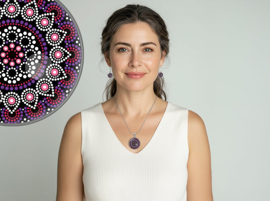 Mandala Schmuckset Violett Pink – Edelstahl Halskette & Ohrringe – Boho Mandala Anhänger rund – Geschenk für Frauen jeden Alters