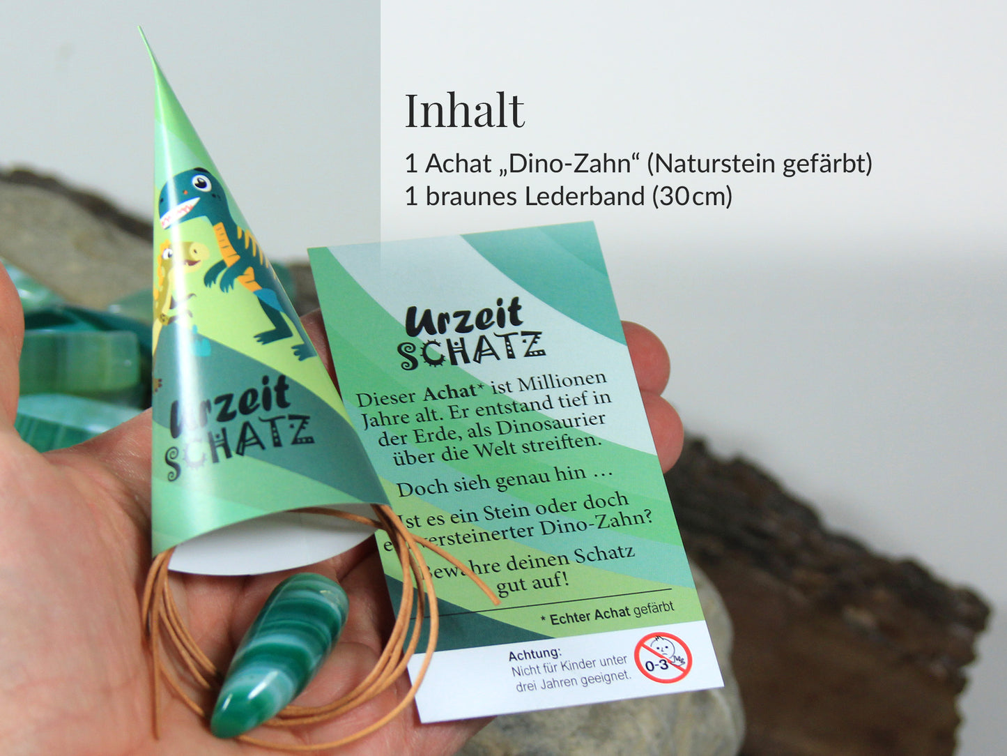 Dino Party Mitgebsel Set – Dinosaurier Kindergeburtstag Gastgeschenk – Urzeit Schatz Achat Zahn – plastikfrei Naturstein